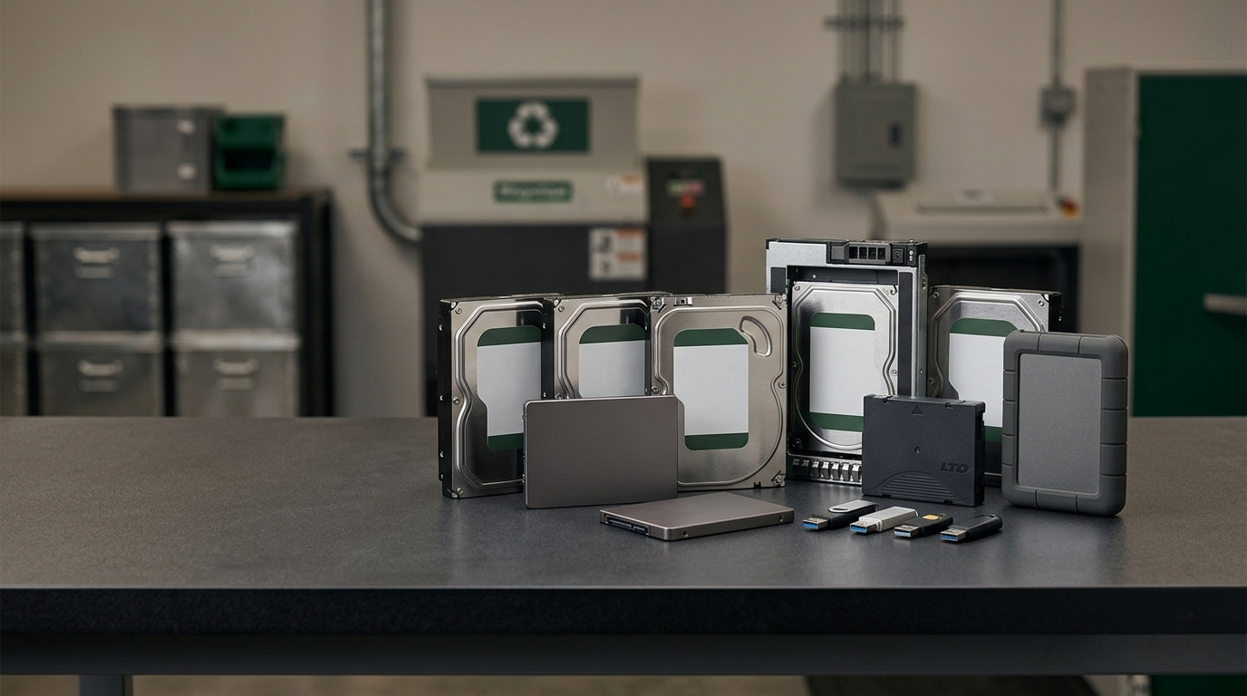 A collection of hard disk drives, solid-state drives, server media, backup tape, an external drive, and USB flash drives.