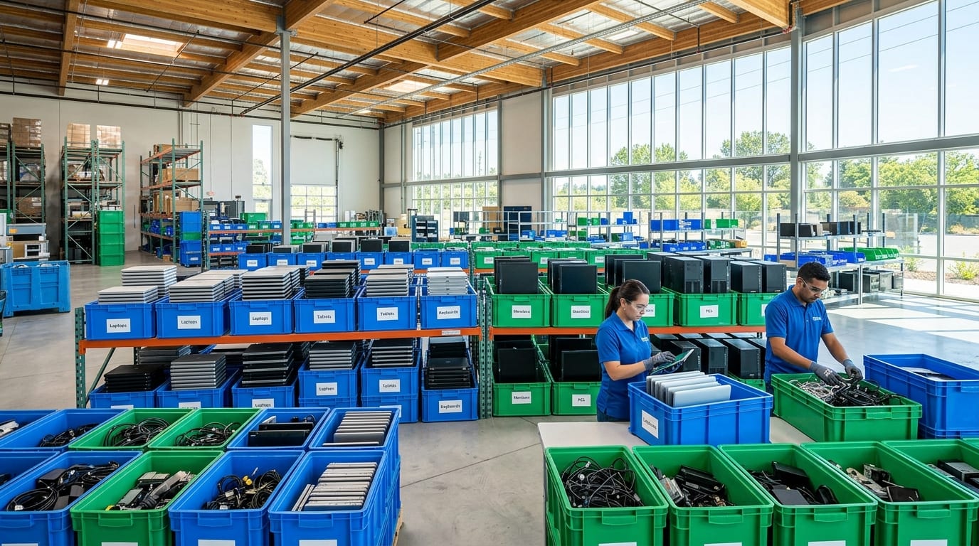 Electronic equipment staged for secure off-site destruction.
