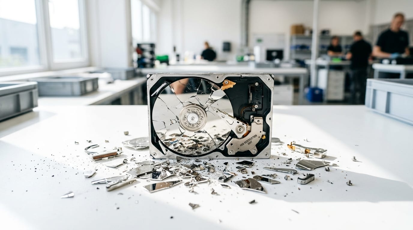 Retired hard drives prepared for certified destruction.