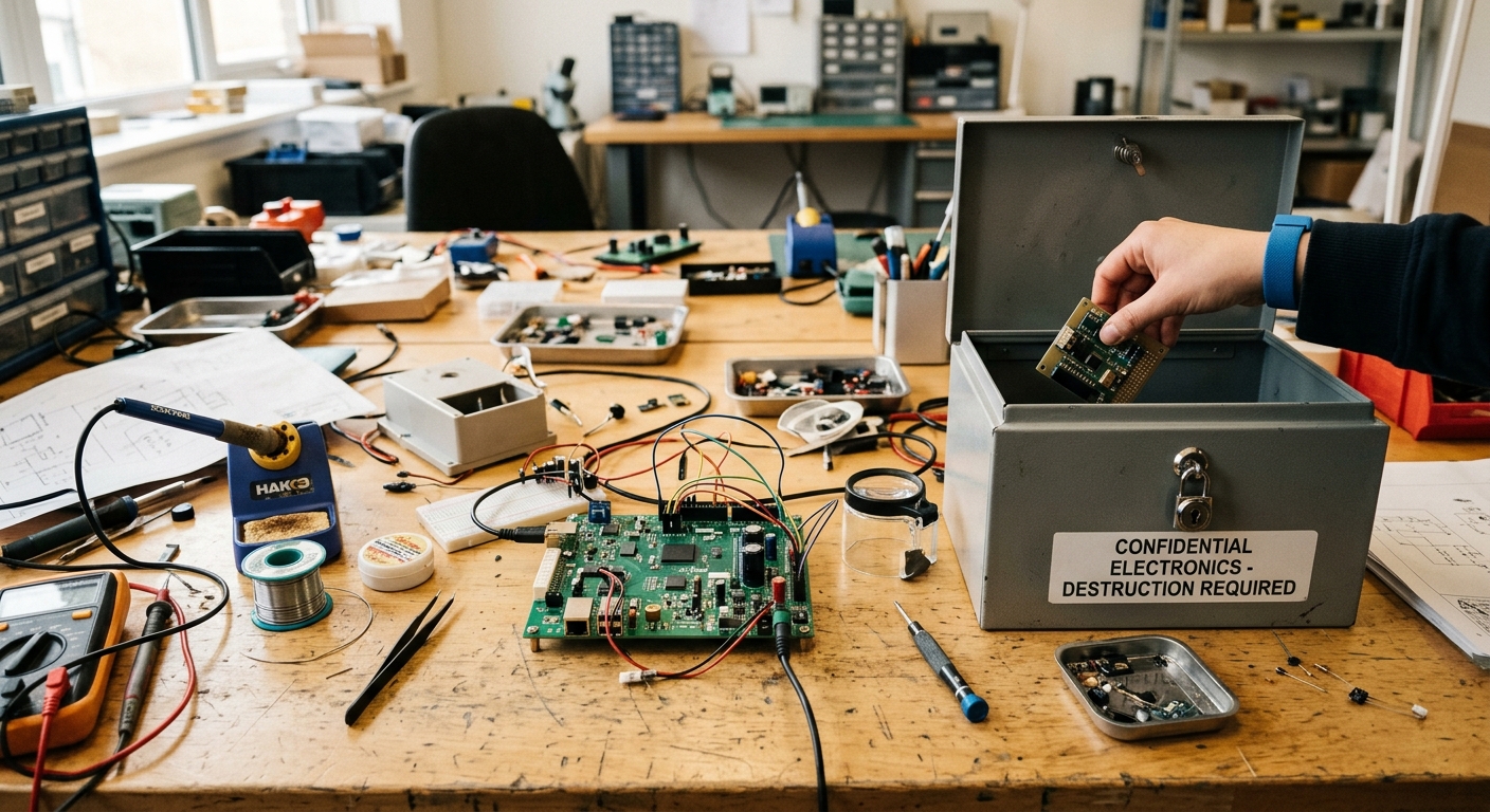 Confidential prototype components and circuitry prepared for secure intellectual property destruction